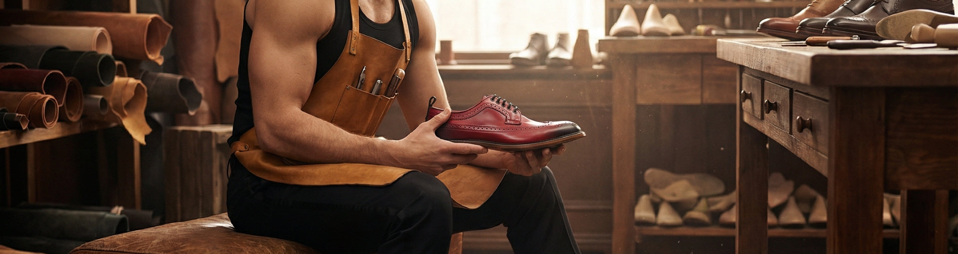 Artesão português a segurar um sapato Pintta num ateliê de produção artesanal.